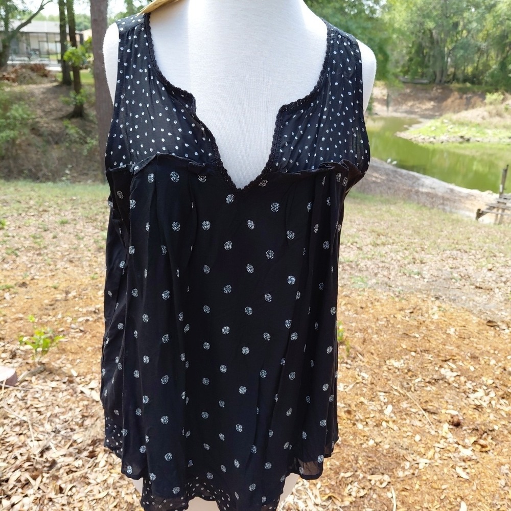 Democracy Medium Black Polka Dot Sleeveless Layered Boho Tunic Shirt Top Reg $58